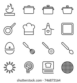 thin line icon set : flammable, pan, cook hat, apron, cutting board, egg timer, whisk, skimmer, big spoon, gas oven, elecric, cooking book, sieve