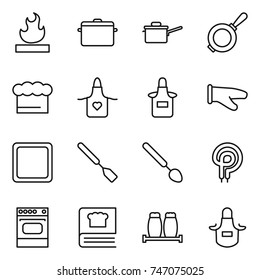 thin line icon set : flammable, pan, saute, chief hat, apron, cook glove, cutting board, spatula, big spoon, elecric oven, cooking book, salt pepper
