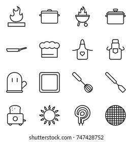 thin line icon set : flammable, pan, bbq, chief hat, apron, cook glove, cutting board, whisk, spatula, toaster, gas oven, elecric, sieve