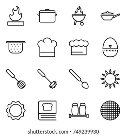 thin line icon set : flammable, pan, bbq, colander, cook hat, chief, egg timer, whisk, big spoon, gas oven, induction, cooking book, salt pepper, sieve