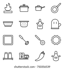 thin line icon set : flammable, pan, saute, colander, apron, cook glove, cutting board, whisk, skimmer, induction oven, salt pepper, food processor, hot