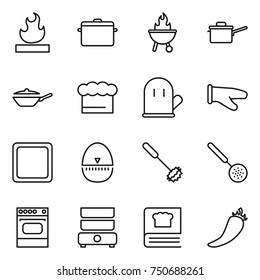 thin line icon set : flammable, pan, bbq, saute, chief hat, cook glove, cutting board, egg timer, whisk, skimmer, oven, double boiler, cooking book, hot pepper