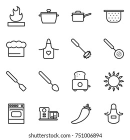 thin line icon set : flammable, pan, saute, colander, chief hat, apron, whisk, skimmer, spatula, big spoon, toaster, gas oven, food processor, hot pepper
