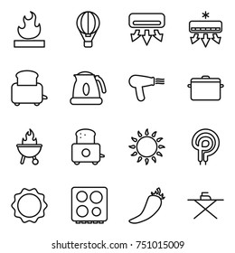 thin line icon set : flammable, air ballon, conditioning, toaster, kettle, hair dryer, pan, bbq, gas oven, elecric, induction, hob, hot pepper, iron board