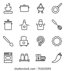 thin line icon set : flammable, pan, bbq, apron, whisk, big spoon, toaster, elecric oven, induction, salt pepper, food processor, hot