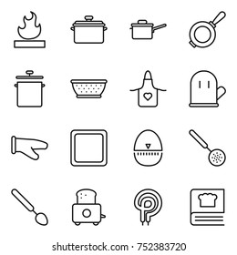 thin line icon set : flammable, pan, saute, colander, apron, cook glove, cutting board, egg timer, skimmer, big spoon, toaster, elecric oven, cooking book