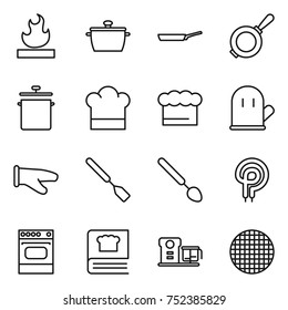 thin line icon set : flammable, pan, cook hat, chief, glove, spatula, big spoon, elecric oven, cooking book, food processor, sieve