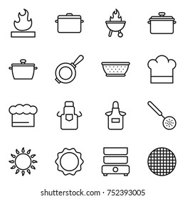 thin line icon set : flammable, pan, bbq, colander, cook hat, chief, apron, skimmer, gas oven, induction, double boiler, sieve