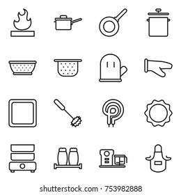 thin line icon set : flammable, saute pan, colander, cook glove, cutting board, whisk, elecric oven, induction, double boiler, salt pepper, food processor, apron