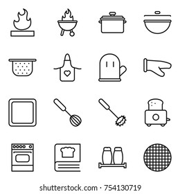 thin line icon set : flammable, bbq, pan, cauldron, colander, apron, cook glove, cutting board, whisk, toaster, oven, cooking book, salt pepper, sieve
