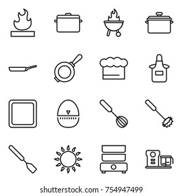 thin line icon set : flammable, pan, bbq, chief hat, apron, cutting board, egg timer, whisk, spatula, gas oven, double boiler, food processor
