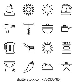 Thin line icon set : flammable, sun, kettle, hair dryer, corkscrew, cauldron, saute pan, turk, gas oven, bbq, hot pepper, iron, board