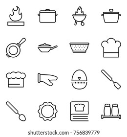 Thin line icon set : flammable, pan, bbq, colander, cook hat, chief, glove, egg timer, spatula, big spoon, induction oven, cooking book, salt pepper