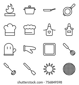 Thin line icon set : flammable, pan, cook hat, chief, apron, glove, cutting board, whisk, spatula, gas oven, sieve