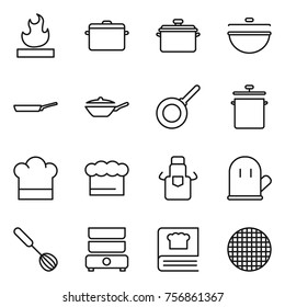 Thin line icon set : flammable, pan, cauldron, cook hat, chief, apron, glove, whisk, double boiler, cooking book, sieve