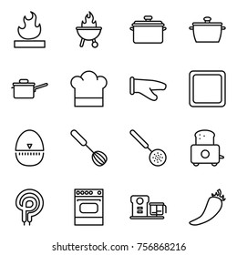 Thin line icon set : flammable, bbq, pan, saute, cook hat, glove, cutting board, egg timer, whisk, skimmer, toaster, elecric oven, food processor, hot pepper