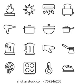 Thin line icon set : flammable, sun, air conditioning, toaster, hair dryer, pan, cauldron, saute, kettle, cook glove, turk, elecric oven, hob, thermometer, iron