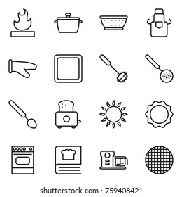 Thin line icon set : flammable, pan, colander, apron, cook glove, cutting board, whisk, skimmer, big spoon, toaster, gas oven, induction, cooking book, food processor, sieve
