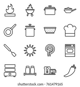 Thin line icon set : flammable, bbq, pan, colander, cook hat, spatula, gas oven, elecric, double boiler, salt pepper, food processor, hot