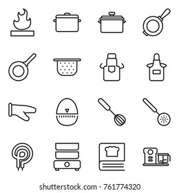 Thin line icon set : flammable, pan, colander, apron, cook glove, egg timer, whisk, skimmer, elecric oven, double boiler, cooking book, food processor