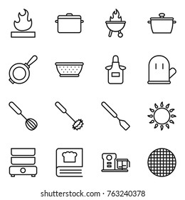 Thin line icon set : flammable, pan, bbq, colander, apron, cook glove, whisk, spatula, gas oven, double boiler, cooking book, food processor, sieve