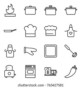 Thin line icon set : flammable, pan, cook hat, chief, apron, glove, cutting board, whisk, toaster, oven, food processor, hot pepper