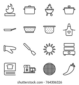 Thin line icon set : flammable, pan, bbq, colander, apron, cook glove, spatula, gas oven, double boiler, cooking book, food processor, sieve, hot pepper