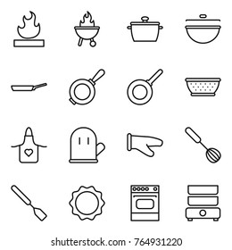 Thin line icon set : flammable, bbq, pan, cauldron, colander, apron, cook glove, whisk, spatula, induction oven, double boiler