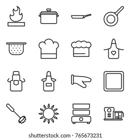 Thin line icon set : flammable, pan, colander, cook hat, chief, apron, glove, cutting board, whisk, gas oven, double boiler, food processor