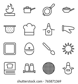 Thin line icon set : flammable, saute pan, colander, cook hat, apron, glove, cutting board, egg timer, big spoon, gas oven, cooking book, salt pepper, sieve