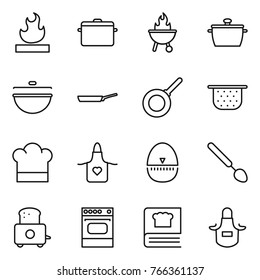 Thin line icon set : flammable, pan, bbq, cauldron, colander, cook hat, apron, egg timer, big spoon, toaster, oven, cooking book