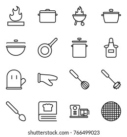 Thin line icon set : flammable, pan, bbq, cauldron, apron, cook glove, whisk, big spoon, cooking book, food processor, sieve