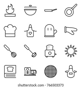 Thin line icon set : flammable, cauldron, pan, cook hat, apron, glove, whisk, toaster, gas oven, cooking book, food processor, sieve