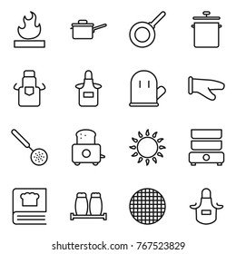 Thin line icon set : flammable, saute pan, apron, cook glove, skimmer, toaster, gas oven, double boiler, cooking book, salt pepper, sieve