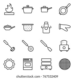 Thin line icon set : flammable, pan, saute, colander, apron, cook glove, whisk, skimmer, spatula, toaster, induction oven, double boiler, sieve