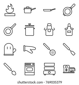 Thin line icon set : flammable, saute pan, apron, cook glove, skimmer, spatula, big spoon, oven, double boiler, food processor