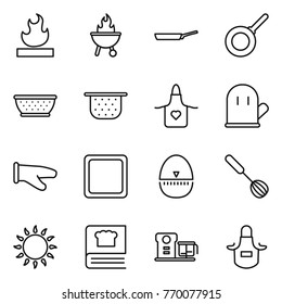 Thin line icon set : flammable, bbq, pan, colander, apron, cook glove, cutting board, egg timer, whisk, gas oven, cooking book, food processor