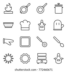 Thin Line Icon Set : Flammable, Pan, Colander, Cook Hat, Apron, Glove, Cutting Board, Skimmer, Big Spoon, Gas Oven, Induction, Double Boiler