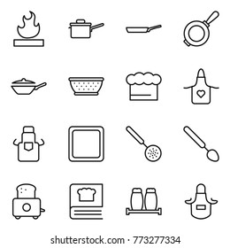 Thin line icon set : flammable, saute pan, colander, chief hat, apron, cutting board, skimmer, big spoon, toaster, cooking book, salt pepper