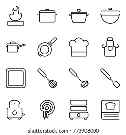 Thin line icon set : flammable, pan, cauldron, saute, cook hat, apron, cutting board, whisk, spatula, toaster, elecric oven, double boiler, cooking book