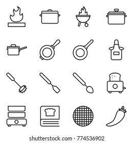 Thin line icon set : flammable, pan, bbq, saute, apron, whisk, spatula, big spoon, toaster, double boiler, cooking book, sieve, hot pepper