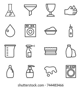thin line icon set : flask, funnel, wineglass, acid, drop, washing machine, vegetable oil, measuring cup, sprayer, sponge, shampoo, cleanser, liquid soap, spot