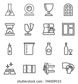 thin line icon set : flask, web cam, wineglass, arch window, sand clock, broken, coffee maker, vegetable oil, measuring cup, ketchup, wine, clean floor, skyscrapers cleaning, wiping