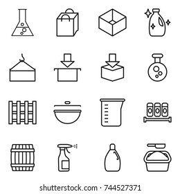 thin line icon set : flask, shopping bag, box, cleanser, loading crane, package, chemical, pallet, cauldron, measuring cup, spices, barrel, sprayer, washing powder