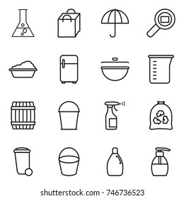 thin line icon set : flask, shopping bag, dry cargo, search, washing, fridge, cauldron, measuring cup, barrel, bucket, sprayer, garbage, trash bin, cleanser, liquid soap