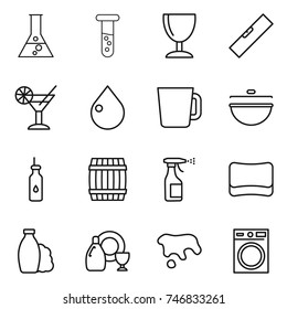 thin line icon set : flask, vial, wineglass, level, cocktail, drop, cup, cauldron, vegetable oil, barrel, sprayer, sponge, shampoo, dish cleanser, spot, washing machine