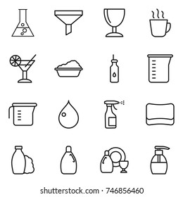 thin line icon set : flask, funnel, wineglass, hot drink, cocktail, washing, vegetable oil, measuring cup, drop, sprayer, sponge, shampoo, cleanser, dish, liquid soap