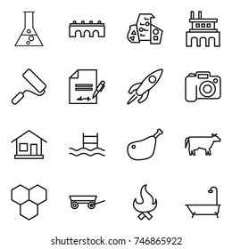 thin line icon set : flask, bridge, modern architecture, factory, repair, inventory, rocket, camera, home, pool, chicken leg, cow, honeycombs, trailer, fire, bath