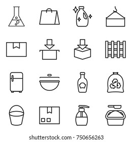 thin line icon set : flask, shopping bag, cleanser, loading crane, package box, pallet, fridge, cauldron, ketchup, garbage, bucket, liquid soap, washing powder