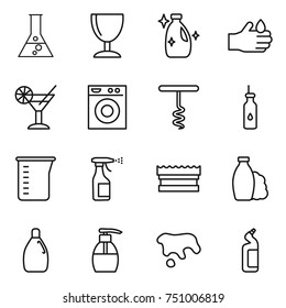thin line icon set : flask, wineglass, cleanser, acid, cocktail, washing machine, corkscrew, vegetable oil, measuring cup, sprayer, sponge, shampoo, liquid soap, spot, toilet